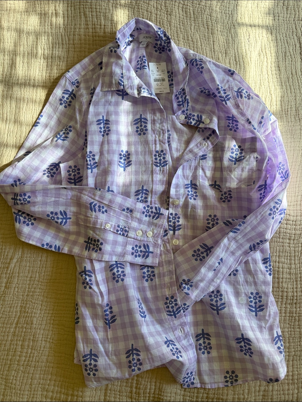 Women’s Lavender Button-Up Shirt with Blue Floral Print-light breathable cotton